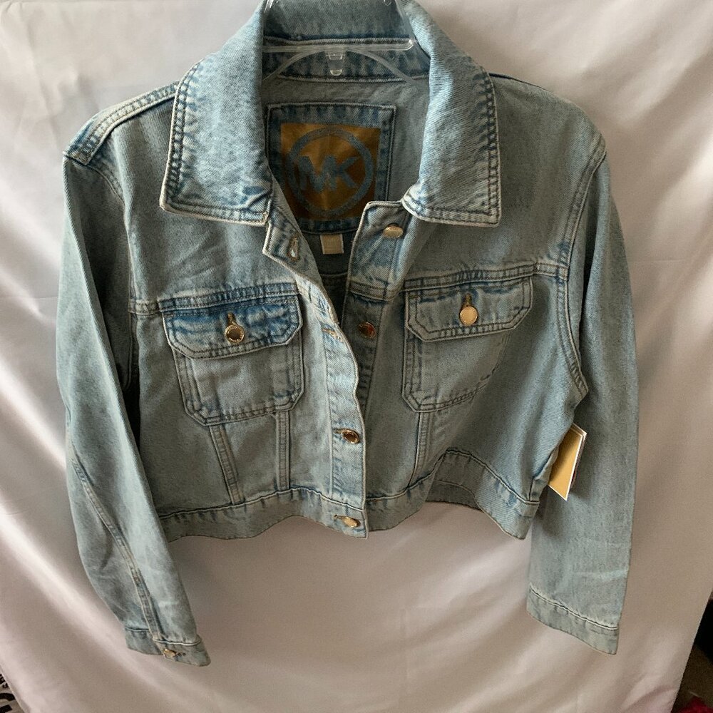 MICHAEL KORS Cropped Denim Jacket in Light Stone Wash Sz LARGE - Picture 2 of 4